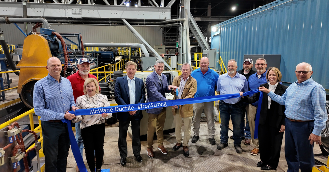 Pictured (left to right) during the ribbon-cutting ceremony: Jeff Otterstedt – McWane Ductile SVP, Rick Conkle – Coshocton County Commissioner, Amy Crown – Executive Director, Coshocton County Chamber of Commerce, Kevin Bense – Group President, Waterworks, McWane, Inc., Tom Crawford – McWane Ductile – Ohio VP/GM, Phillip McWane – Chairman, McWane, Inc., Bart Matthews – McWane Ductile ─ Ohio Operations Manager, Dave Moore – McWane Ductile ─ Ohio Finishing Superintendant, Mark Mills – Mayor, City of Coshocton, Sean Helton – McWane Ductile ─ Ohio Assistant GM, Tiffany Swigert – Executive Director, Coshocton Port Authority, Dane Shryock – Coshocton County Commissioner