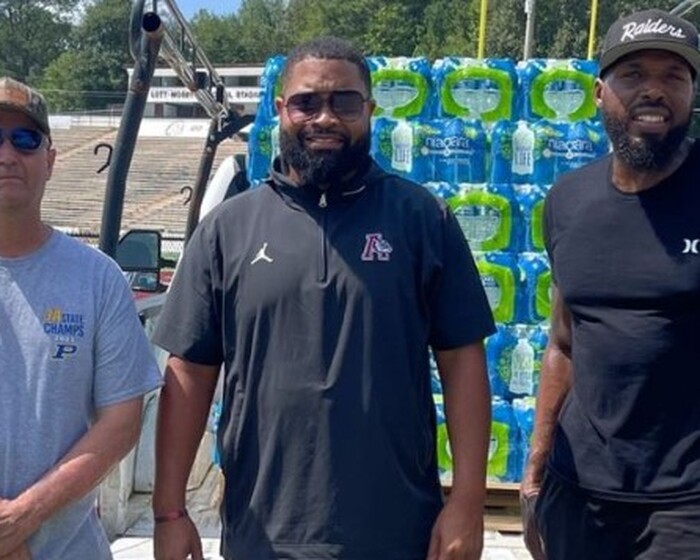 Pictured left to right: Steve Bates, Tyler Union Melt Manager; Rico Jackson, Anniston head football coach; and Mondrecco Croft, Tyler Union Melt Department Team Lead. Not pictured was Jimmy Dowdey, Tyler Union Purchasing Manager, who handled delivery logistics.